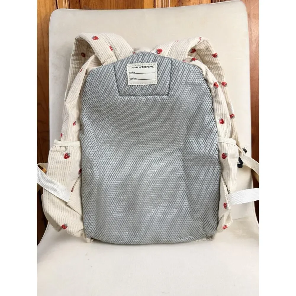 Miqah Mini Corduroy Strawberry Backpack Cream/Red Zip Pockets Adjustable Straps